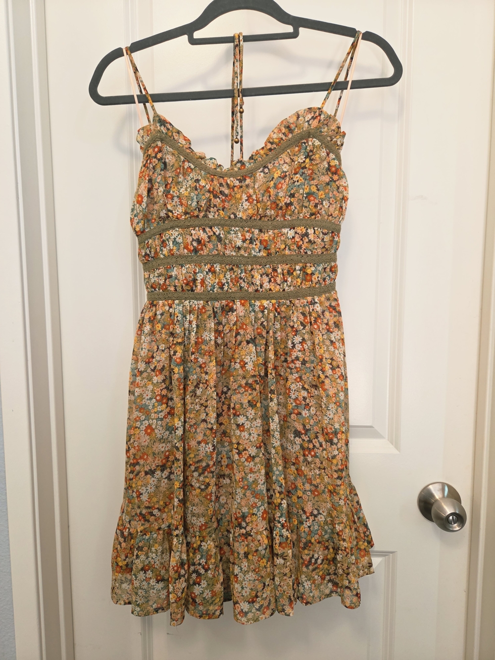 Boho Ditsy Floral Mini Dress with Lace Trim & Corset Back